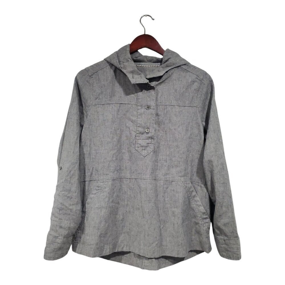 prAna Shelton Popover Top Hemp Blend Womens Sz S Gray Hooded Roll Tab Sleeve